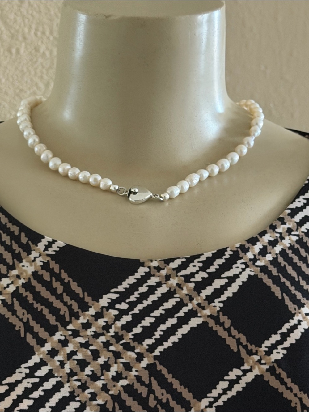 Classic White Pearl Necklace with Silver Heart Clasp